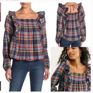 WE THE FREE SIENNA PLAID RUFFLE SHOULDER TOP